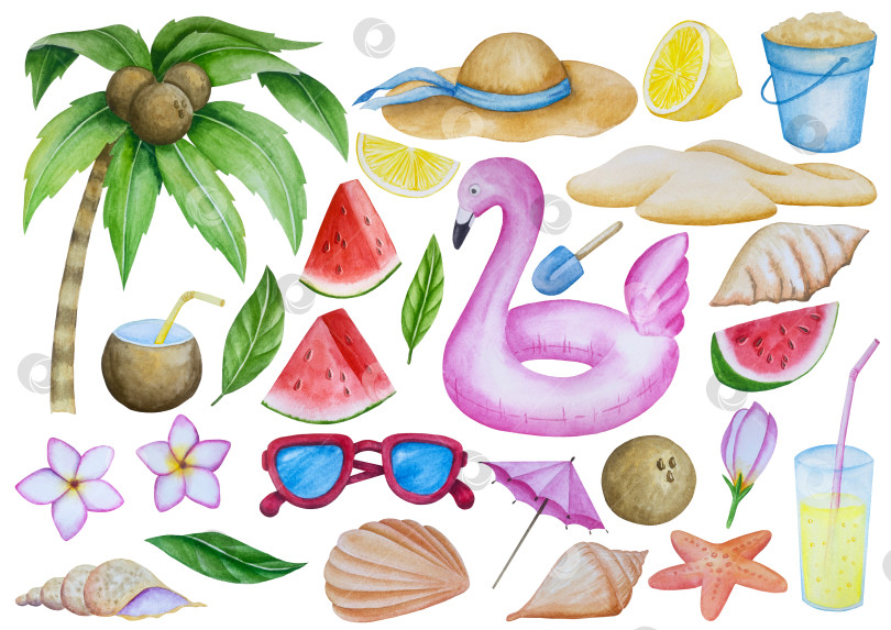 Скачать Летний пляжный набор, нарисованный акварелью от руки, с элементами прибрежного курорта, такими как пальма, пляжный зонт, коктейли, ракушки, солнцезащитные очки, шляпа и цветы. Элементы для дизайна открыток, упаковки, веб-сайта. фотосток Ozero
