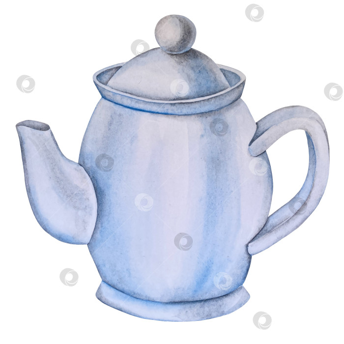 Скачать Свежие листья зеленого чая, чашка чая и чайник для заваривания, набор для чаепития с цветами и ягодами шиповника. Иллюстрация к Международному дню чая. Отдельные элементы, нарисованные акварелью от руки. фотосток Ozero