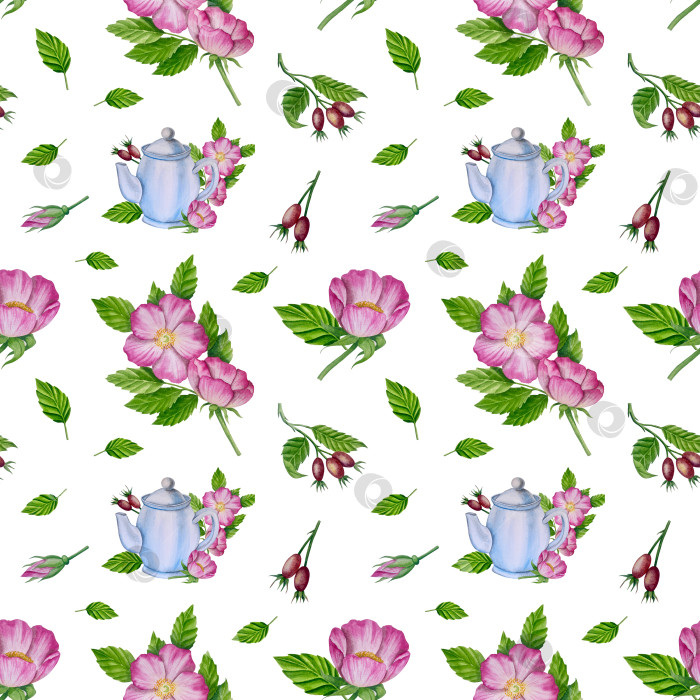 Скачать Свежие листья зеленого чая, чашка чая и чайник для заваривания, набор для чаепития с цветами и ягодами шиповника. Иллюстрация к Международному дню чая. Отдельные элементы, нарисованные акварелью от руки. фотосток Ozero