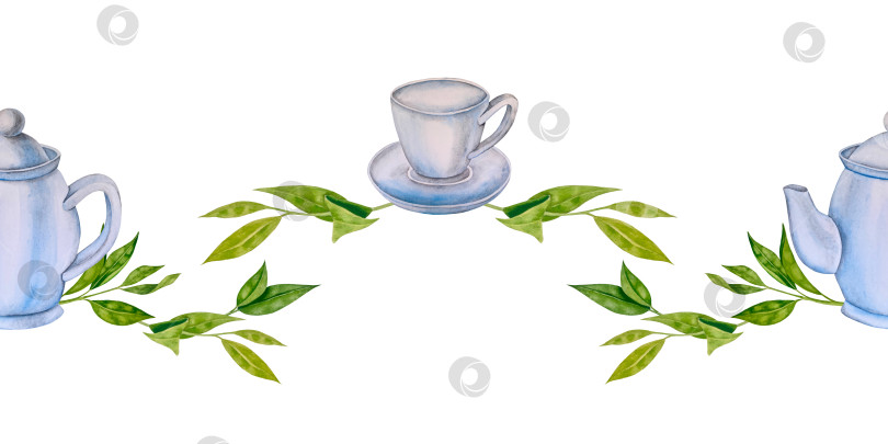Скачать Свежие листья зеленого чая, чашка чая и чайник для заваривания, набор для чаепития с цветами и ягодами шиповника. Иллюстрация к Международному дню чая. Отдельные элементы, нарисованные акварелью от руки. фотосток Ozero
