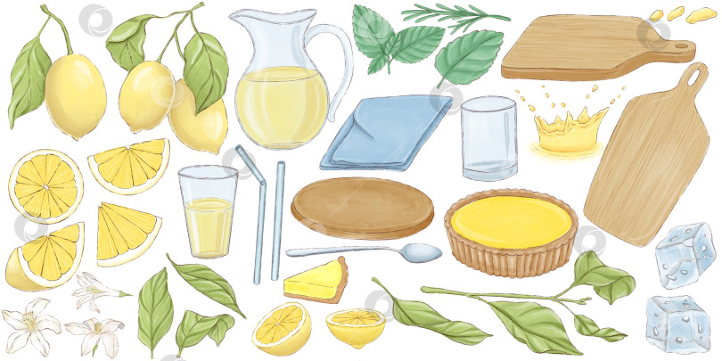 Скачать Лимонад и ингредиенты. Набор иллюстраций, нарисованных от руки на белом фоне. фотосток Ozero
