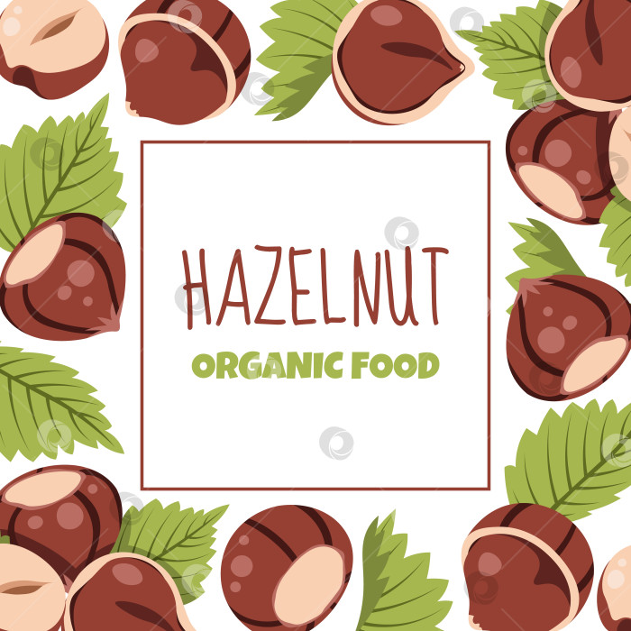 Скачать Шаблон в квадратной рамке с лесными орехами и зелеными листьями в плоском стиле. Идеально подходит для дизайна упаковки пищевых продуктов, этикеток продуктов, осенних плакатов, баннеров и брендирования орехов фотосток Ozero