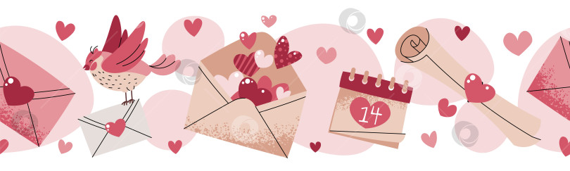 Скачать Бесшовная Кайма На День Святого Валентина С Конвертом Для Любовных Писем, Сердечками И Птичкой В Плоском Стиле. Повторяющийся Узор С Романтическим Посланием Для Ленты Васи, Канта, Текстиля, Подарочной Упаковки, Обоев И Поделок фотосток Ozero