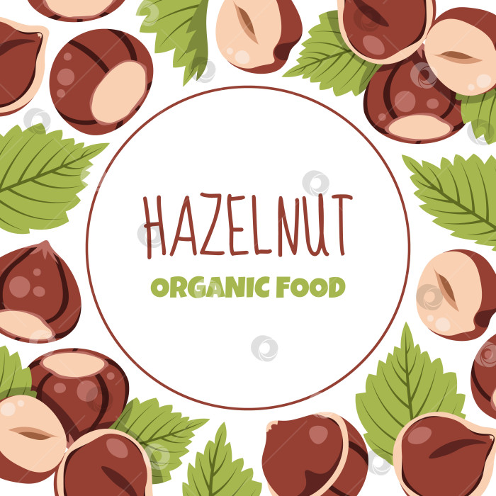 Скачать Шаблон в круглой рамке с лесными орехами и зелеными листьями в плоском стиле. Идеально подходит для дизайна упаковки пищевых продуктов, этикеток, плакатов, баннеров и брендирования орехов фотосток Ozero