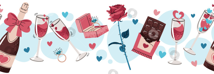 Скачать Бесшовная Рамка На День Святого Валентина С Шампанским, Бриллиантовым Кольцом, Розой И Бокалами Для Вина В Плоском Стиле. Повторяющийся Романтический Праздничный Узор Для Ленты Васи, Канта, Текстиля, Подарочной Упаковки, Обоев, Поделок фотосток Ozero