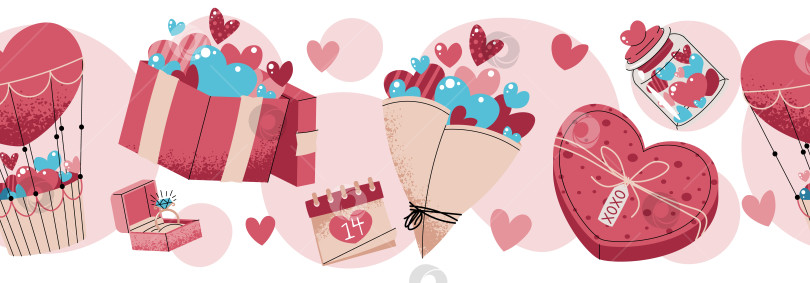 Скачать Бесшовный Бордюр На День Святого Валентина С Подарочной Коробкой, Букетом И Подарком В Плоском Стиле. Повторяющийся Романтический Узор Для Ленты Васи, Канта, Текстиля, Подарочной Упаковки, Обоев И Поделок. фотосток Ozero