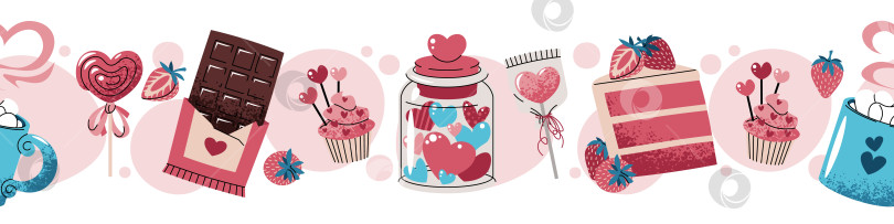Скачать Бесшовный Бордюр На День Святого Валентина С Кусочками Торта, Шоколада, Конфет И Сердечками В Плоском Стиле. Повторяющийся Узор Для Сладких Угощений Для Васи-Ленты, Канта, Текстиля, Подарочной Упаковки, Обоев И Поделок. фотосток Ozero
