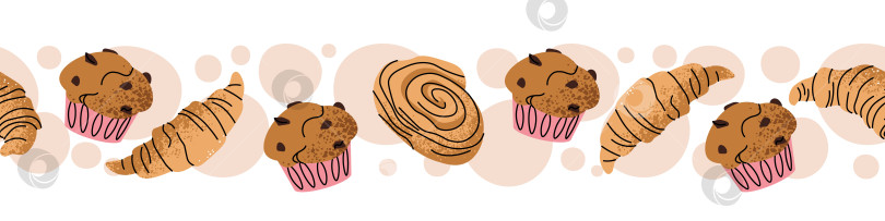 Скачать Бесшовный Бордюр С Булочками, Кексами И Круассанами В Плоском Стиле. Повторяющийся Узор Для Выпечки Используется Для Обоев Кофейни, Упаковки, Меню Кафе И Оформления Завтрака. Концепция Свежей Выпечки. фотосток Ozero