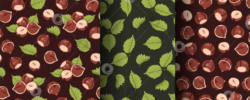 Скачать Набор бесшовных рисунков с лесными орехами и листьями лещины в плоском стиле. Натуральная лесная текстура для упаковки, текстиля, обоев и экологичного дизайна. фотосток Ozero