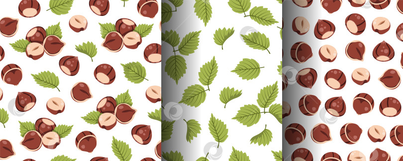 Скачать Набор бесшовных рисунков с лесными орехами и листьями лещины в плоском стиле. Натуральная лесная текстура для упаковки, текстиля, обоев и экологичного дизайна. фотосток Ozero