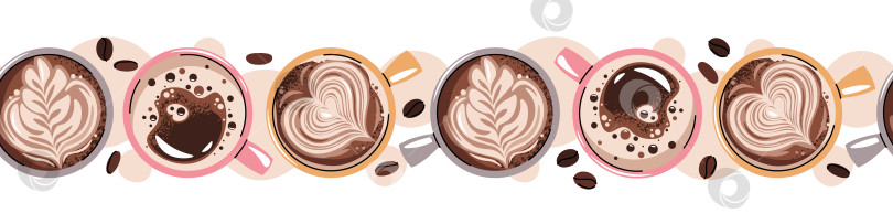 Скачать Бесшовная Рамка С Видом Сверху Для Кофе В Кружках В Плоском Стиле. Повторяющийся Узор Для Обоев Современного Кафе, Упаковки, Брендинга, Меню И Цифрового Фона. Минималистичная Концепция Приготовления. фотосток Ozero