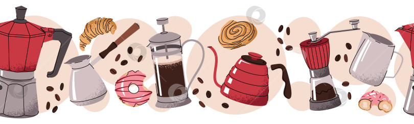 Скачать Бесшовный Бордюр С Инструментами Для Бариста. Кофеварка, Кофемолка, Кружка В Плоском Стиле. Повторяющийся Узор Для Кофейных Обоев, Упаковки, Брендирования, Плаката И Декора Мастерской. Концепция Кофейного Ремесла. фотосток Ozero