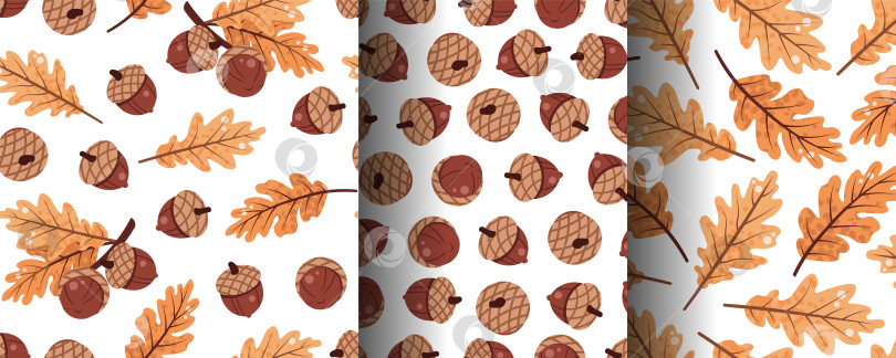 Скачать Набор бесшовных рисунков с желудями и дубовыми листьями в плоском стиле. Осенняя текстура в деревенском стиле для обоев, текстиля, упаковки, фона и уютного декора. фотосток Ozero