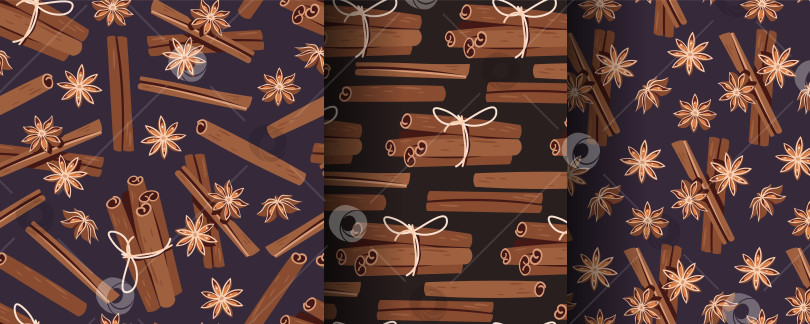 Скачать Набор бесшовных узоров с палочками корицы и звездчатым анисом в плоском стиле. Уютная праздничная текстура специй для упаковки подарков, праздничной упаковки, сезонных обоев, текстиля и домашнего декора. фотосток Ozero