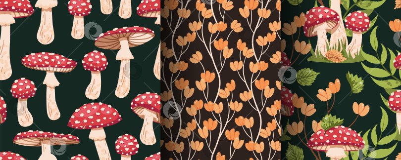 Скачать Набор Бесшовных Рисунков С Грибами И Осенними Листьями В Плоском Стиле. Сезонная Текстура Мухомора Для Бумаги, Упаковки, Обоев, Текстиля И Дизайна. Концепция Лесного Фона фотосток Ozero