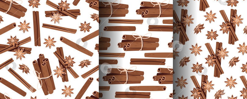Скачать Набор бесшовных узоров с палочками корицы и звездчатым анисом в плоском стиле. Уютная праздничная текстура специй для упаковки подарков, праздничной упаковки, сезонных обоев, текстиля и домашнего декора. фотосток Ozero