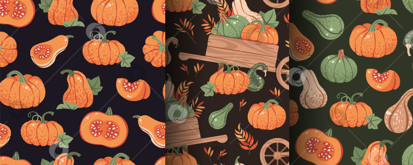 Скачать Набор бесшовных рисунков с оранжевыми тыквами и деревянной тележкой в плоском стиле. Текстура для осеннего фестиваля урожая для бумаги, упаковки, обоев, текстиля и дизайна. Концепция сельского Дня благодарения фотосток Ozero
