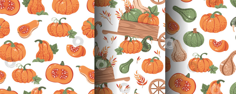 Скачать Набор бесшовных рисунков с оранжевыми тыквами и деревянной тележкой в плоском стиле. Текстура для осеннего фестиваля урожая для бумаги, упаковки, обоев, текстиля и дизайна. Концепция сельского Дня благодарения фотосток Ozero