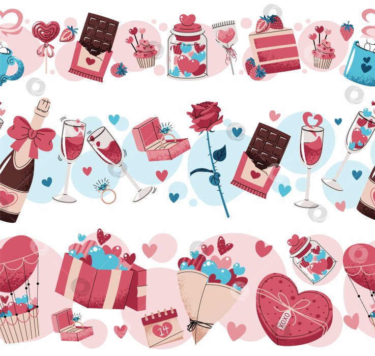 Скачать Набор Бесшовных Бордюров Со Сладостями, Тортом, Шампанским, Подарками, Букетом И Сердечками В Плоском Стиле. Повторяющийся Узор Для Брендирования На День Святого Валентина, Подарочной Упаковки, Оформления Вечеринок И Праздничного Оформления Поверхностей. фотосток Ozero