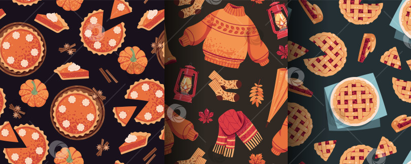 Скачать Набор бесшовных рисунков с осенним пирогом, тыквой, банкой варенья, свитером, ботинками и зонтиком в плоском стиле. Уютная осенняя текстура для текстиля, обоев, упаковки, подарочной упаковки, рекламы, брендинга. фотосток Ozero