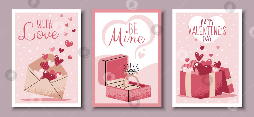 Скачать Набор Поздравительных Открыток На День Святого Валентина В Плоском Стиле. Открытый Конверт С Сердечками, Подарочная Коробка С Летающими Сердечками И Обручальное Кольцо С Бриллиантом. Шаблон Для Баннеров, Плакатов, Обложек, Рекламы фотосток Ozero