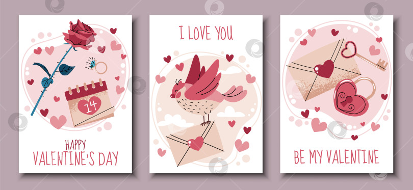 Скачать Набор Поздравительных Открыток На День Святого Валентина. Милая Птичка С Любовным Письмом, Розой, Конвертом И Сердечками В Плоском Стиле. Шаблон Для Баннеров, Постеров, Обложек, Рекламы И Брендинга. фотосток Ozero