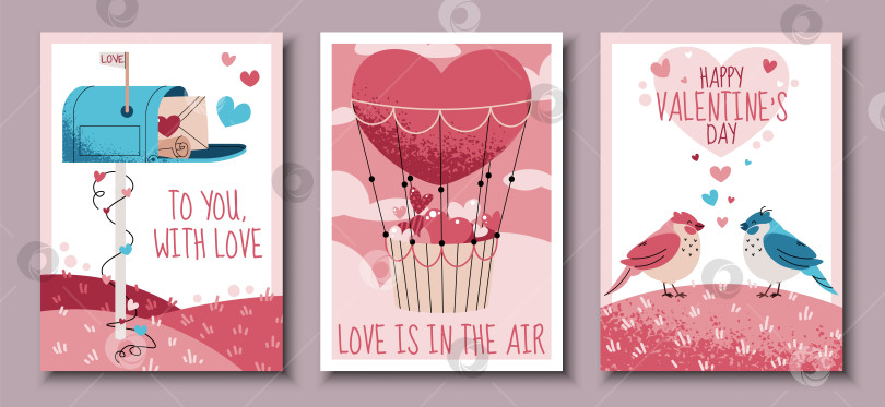 Скачать Набор Поздравительных Открыток На День Святого Валентина В Плоском Стиле. Почтовый Ящик С Любовным Письмом, Сердечком На Воздушном Шаре И Голубками. Шаблон Для Баннеров, Постеров, Обложек, Рекламы И Брендинга. фотосток Ozero