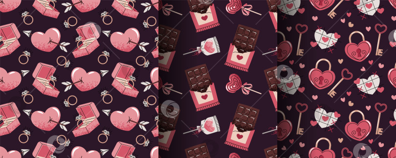 Скачать Набор бесшовных узоров на День Святого Валентина в плоском стиле. Обручальное кольцо в коробке, шоколадный батончик, леденец в форме сердца, Сердечный замок и ключ. Символичный романтический дизайн. Идеальная текстура для подарочной упаковки, обоев фотосток Ozero