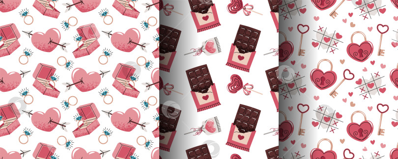 Скачать Набор бесшовных узоров на День Святого Валентина в плоском стиле. Обручальное кольцо в коробке, шоколадный батончик, леденец в виде сердца, Сердечный замок и ключ. Символичный романтический дизайн. Идеальная текстура для подарочной упаковки, обоев фотосток Ozero