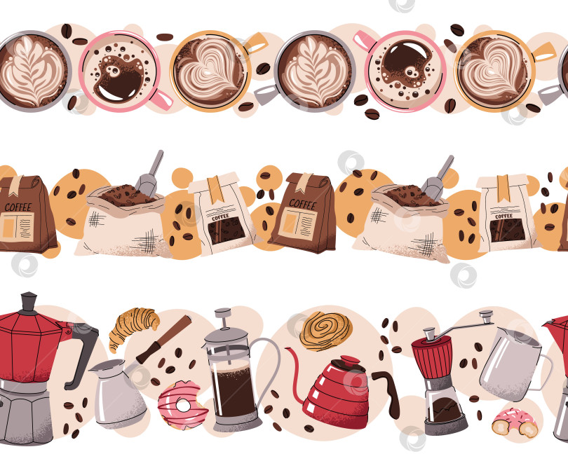 Скачать Набор Бесшовных Бордюров С Кофейной Кружкой, Пакетом, Зернами И Инструментами Для Бариста В Плоском Стиле. Повторяющийся Узор Для Кофейни, Обоев, Дизайна Упаковки И Профессионального Декора фотосток Ozero