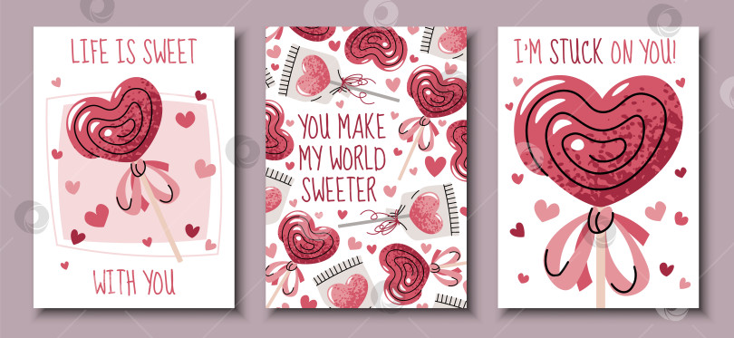 Скачать Набор Поздравительных Открыток На День Святого Валентина В Плоском Стиле. Леденец На Палочке И Сердечки В Форме Сердца. Шаблон Для Баннеров, Плакатов, Обложек, Рекламы И Брендинга Sweet Candy Love фотосток Ozero