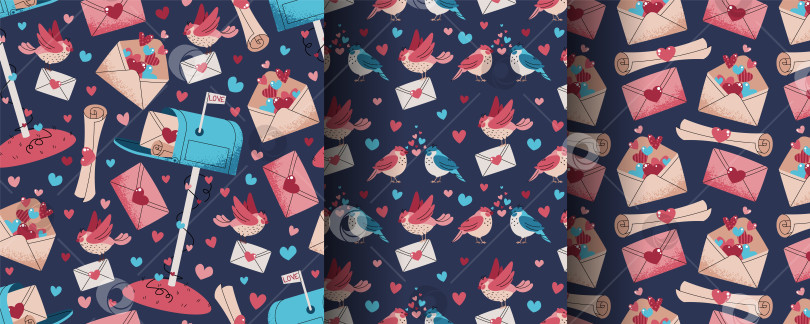 Скачать Набор бесшовных рисунков на День Святого Валентина в плоском стиле. Открытка, Любовное письмо, конверт, Влюбленные птички. Романтичный дизайн. Идеальная текстура для подарочной упаковки, обоев, ткани и других упаковочных материалов фотосток Ozero