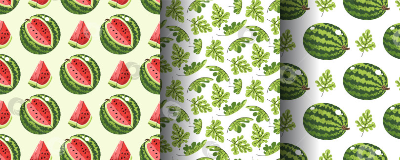 Скачать Набор Бесшовных Рисунков С Арбузом И Листьями В Плоском Стиле. Повторяющая Летнюю Текстуру Для Брендинга Свежих Продуктов, Скрапбукинга, Текстильного Дизайна, Обоев И Упаковки. фотосток Ozero