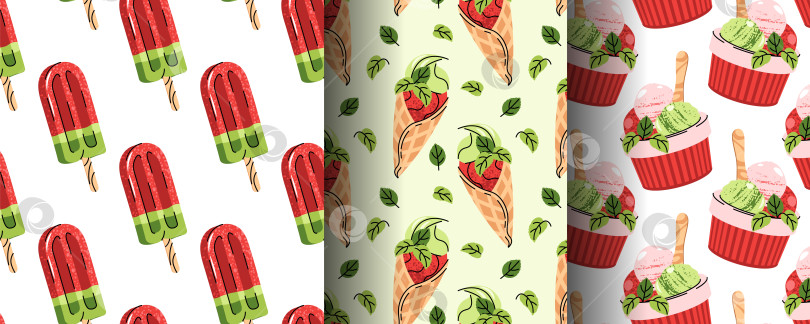 Скачать Набор бесшовных узоров для арбузного мороженого, сорбета и летних лакомств в плоском стиле. Освежающая текстура десерта для меню пляжного бара, фона, брендирования кафе, упаковки и сезонного дизайна. фотосток Ozero