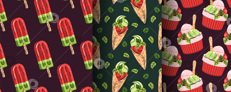 Скачать Набор бесшовных узоров для арбузного мороженого, сорбета и летних лакомств в плоском стиле. Освежающая текстура десерта для меню пляжного бара, фона, фирменного оформления кафе, упаковки и сезонного дизайна. фотосток Ozero