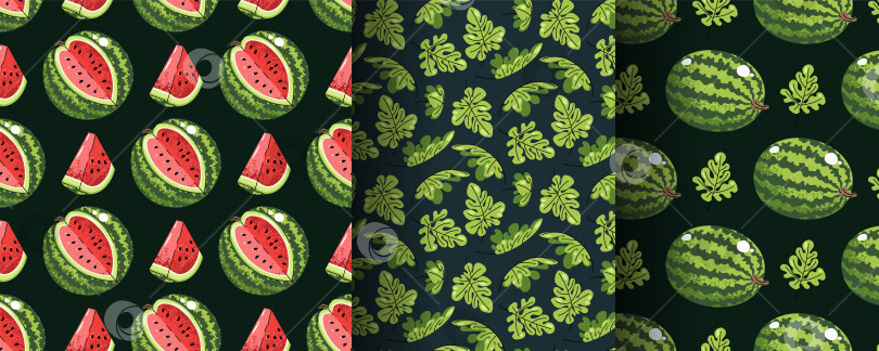 Скачать Набор Бесшовных Рисунков С Арбузом И Листьями В Плоском Стиле. Повторяющая Летнюю Текстуру Для Брендинга Свежих Продуктов, Скрапбукинга, Текстильного Дизайна, Обоев И Упаковки. фотосток Ozero