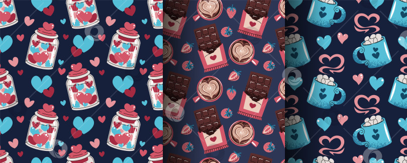 Скачать Набор бесшовных узоров на День Святого Валентина в плоском стиле. Плитка шоколада, баночка с сердечками, кружка какао с зефиром. Уютный романтический дизайн. Идеальная текстура для подарочной упаковки, обоев, ткани и других предметов интерьера. фотосток Ozero