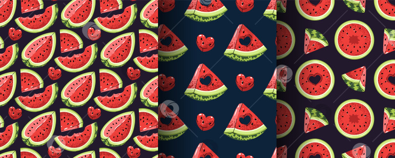 Скачать Набор Бесшовных Узоров С Ломтиком Арбуза И Вырезанным Сердечком В Плоском Стиле. Повторяющая Текстуру "Летняя Любовь" Для Фуд-Брендинга, Скрапбукинга, Текстильного Дизайна, Приглашений И Упаковки. фотосток Ozero