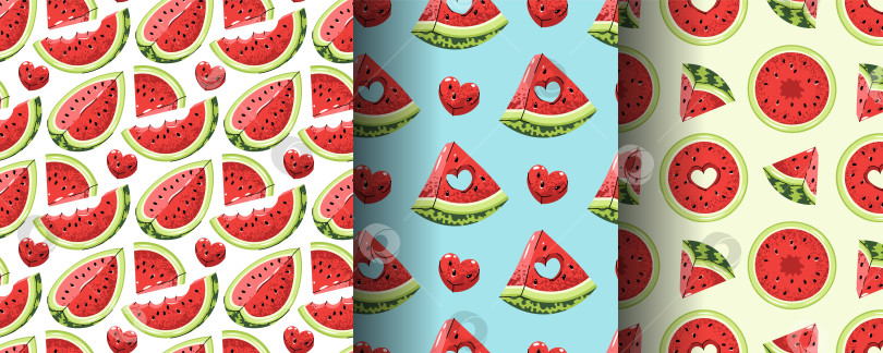 Скачать Набор Бесшовных Узоров С Ломтиком Арбуза И Вырезанным Сердечком В Плоском Стиле. Повторяющаяся Текстура "Летняя Любовь" Для Фуд-Брендинга, Скрапбукинга, Текстильного Дизайна, Приглашений И Упаковки. фотосток Ozero
