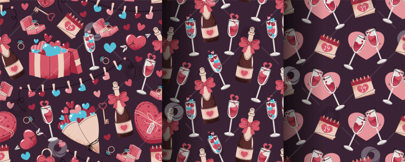 Скачать Набор бесшовных узоров на День Святого Валентина в плоском стиле. Шампанское, бокалы для вина, подарки и сердечки. Романтический дизайн для празднования. Идеальная текстура для подарочной упаковки, обоев, ткани и других упаковочных материалов. фотосток Ozero