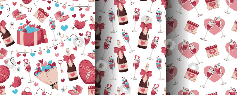 Скачать Набор бесшовных узоров на День Святого Валентина в плоском стиле. Шампанское, бокалы для вина, подарки и сердечки. Романтический дизайн для празднования. Идеальная текстура для подарочной упаковки, обоев, ткани и других упаковочных материалов. фотосток Ozero