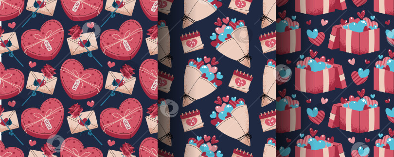 Скачать Набор бесшовных рисунков на День Святого Валентина в плоском стиле. Подарок с сердечками, букетом, коробкой в форме сердца. Романтичный дизайн вне времени. Идеальная текстура для подарочной упаковки, обоев, ткани и других упаковочных материалов. фотосток Ozero