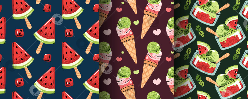 Скачать Набор бесшовных рисунков с изображением арбузного мороженого, сорбета и летних лакомств в плоском стиле. Сладкая текстура для графики в социальных сетях, фона, цифрового меню, товаров для пляжных кафе и дизайна продуктов фотосток Ozero