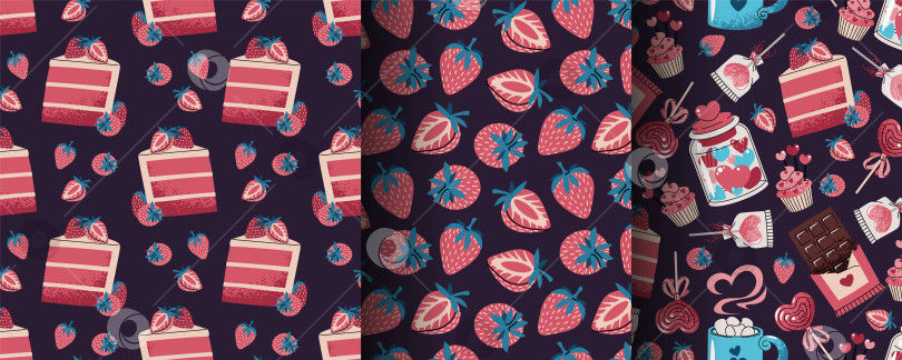 Скачать Набор бесшовных узоров на День Святого Валентина в плоском стиле. Ломтик ягодного торта, Клубника, кекс, Шоколад, Леденец на палочке. Романтический дизайн десерта. Идеальная текстура для подарочной упаковки, обоев, ткани, упаковочных материалов фотосток Ozero