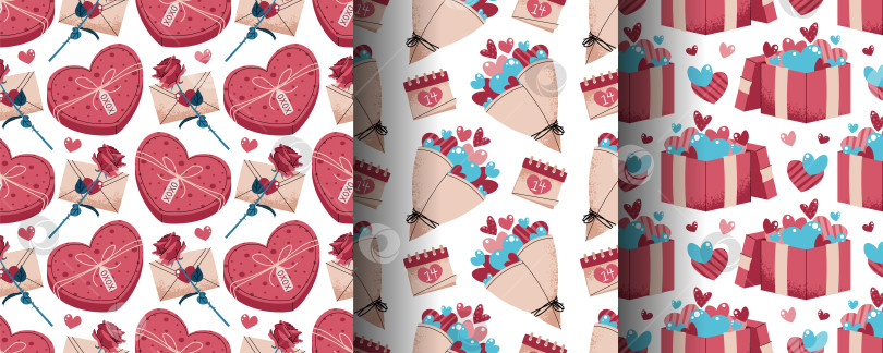 Скачать Набор бесшовных рисунков на День Святого Валентина в плоском стиле. Подарок с сердечками, букетом, коробкой в форме сердца. Романтичный дизайн вне времени. Идеальная текстура для подарочной упаковки, обоев, ткани и других упаковочных материалов. фотосток Ozero