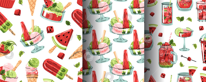 Скачать Набор бесшовных узоров для арбузного мороженого и летних напитков в плоском стиле. Освежающая сладкая текстура для брендинга напитков, упаковки, текстиля, пляжных кафе, оформления меню и вечеринок. фотосток Ozero