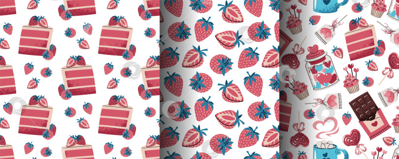 Скачать Набор бесшовных узоров на День Святого Валентина в плоском стиле. Ломтик ягодного торта, Клубника, кекс, Шоколад, Леденец на палочке. Романтический дизайн десерта. Идеальная текстура для подарочной упаковки, обоев, ткани, упаковочных материалов фотосток Ozero
