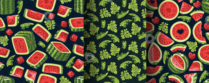 Скачать Набор Бесшовных Узоров С Разнообразными Ломтиками Арбуза И Листьями В Плоском Стиле. Повторяющая Летнюю Текстуру Для Свежего Брендинга, Скрапбукинга, Текстильного Дизайна, Обоев И Упаковки. фотосток Ozero