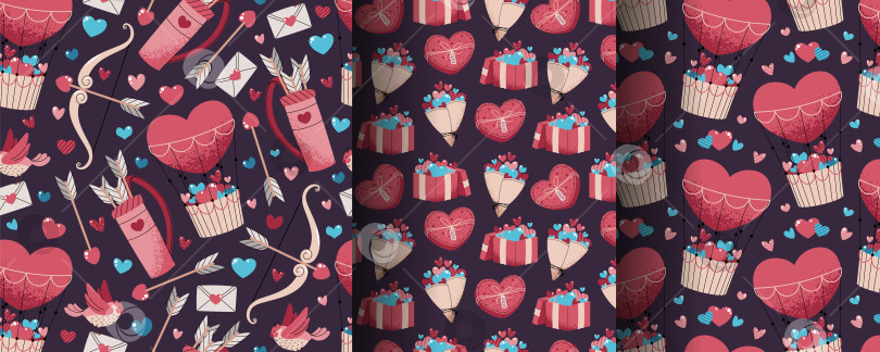 Скачать Набор бесшовных рисунков на День Святого Валентина в плоском стиле. Воздушный шар, подарки, Стрелы Купидона и колчан. Романтический дизайн с элементами приключений. Идеальная текстура для подарочной упаковки, обоев, ткани и других упаковочных материалов фотосток Ozero