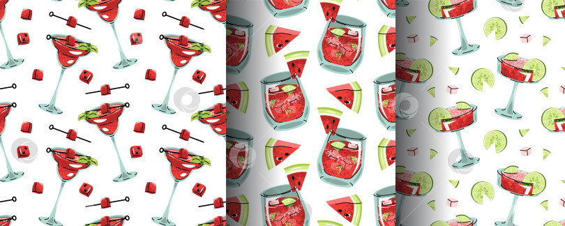 Скачать Набор бесшовных рисунков с арбузными напитками, лаймом и кубиками льда в плоском стиле. Летняя текстура льда для оформления меню, упаковки напитков, обоев и брендирования кафе. фотосток Ozero